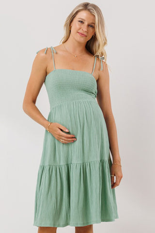Smocked Tie Strap Maternity Midi Dress in Sage Green